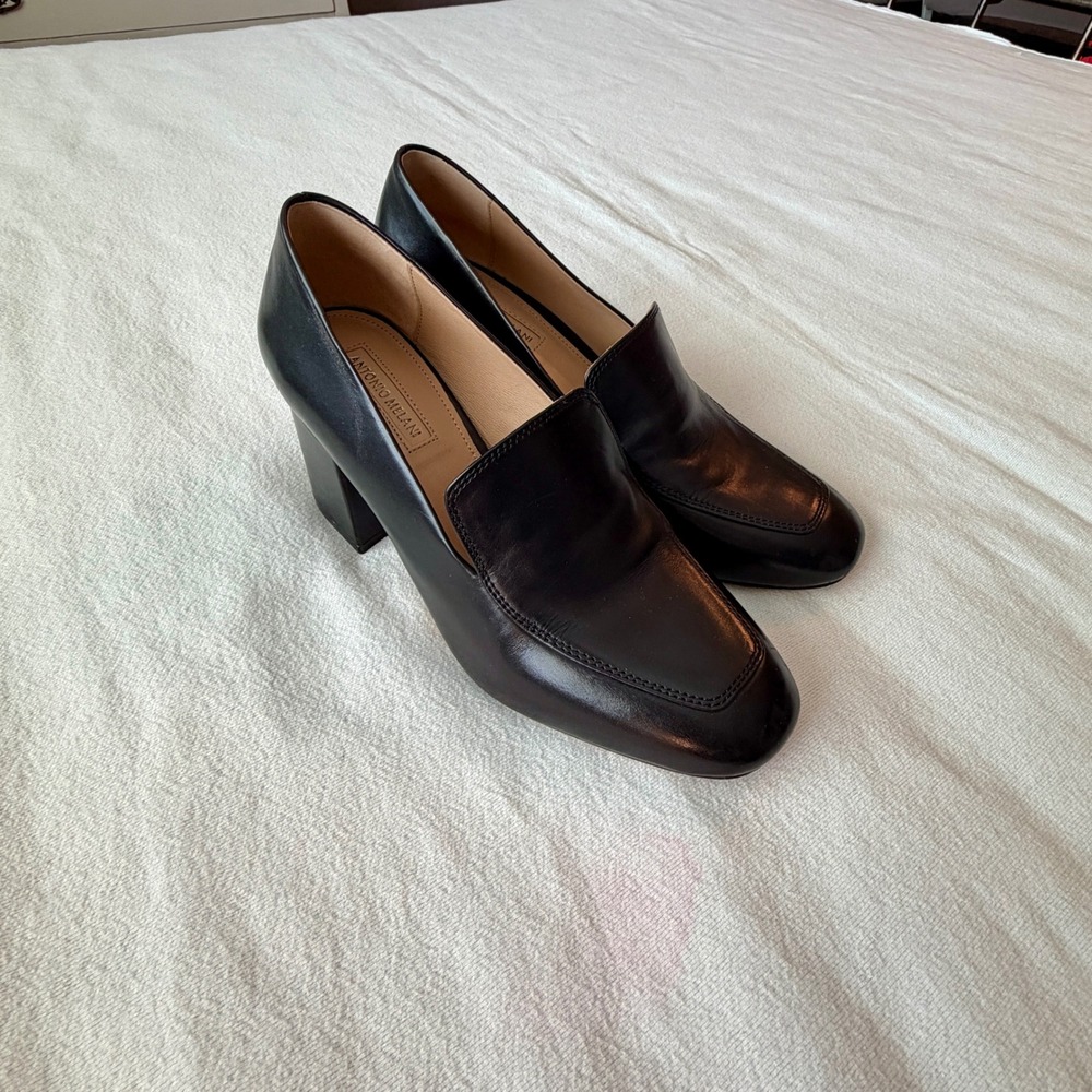 Antonio Melani Black Leather Loafer Pumps Square Toe Block Heel Womens 8.5M - Picture 2 of 11